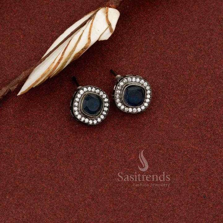 Sasitrends oxidised square halo stud earrings with blue monalisa stone for daily and office wear