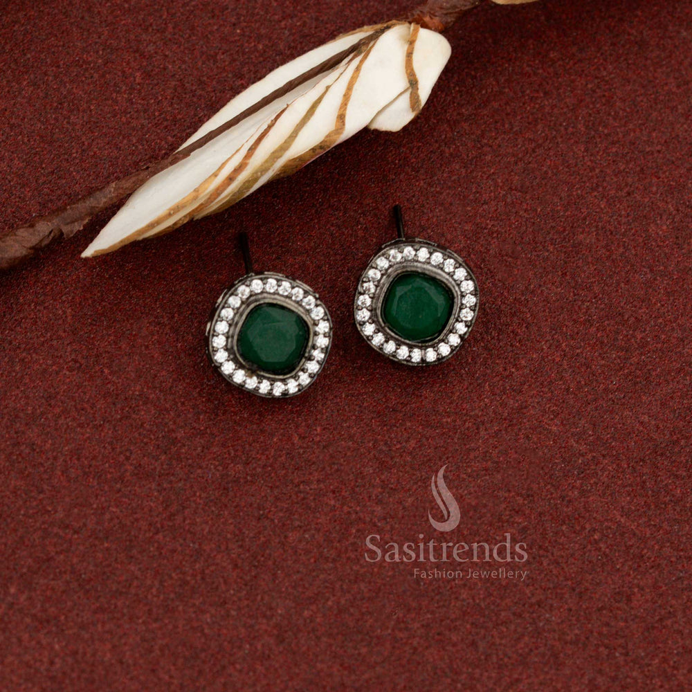 Sasitrends oxidised square halo stud earrings with green monalisa stone for daily and office wear