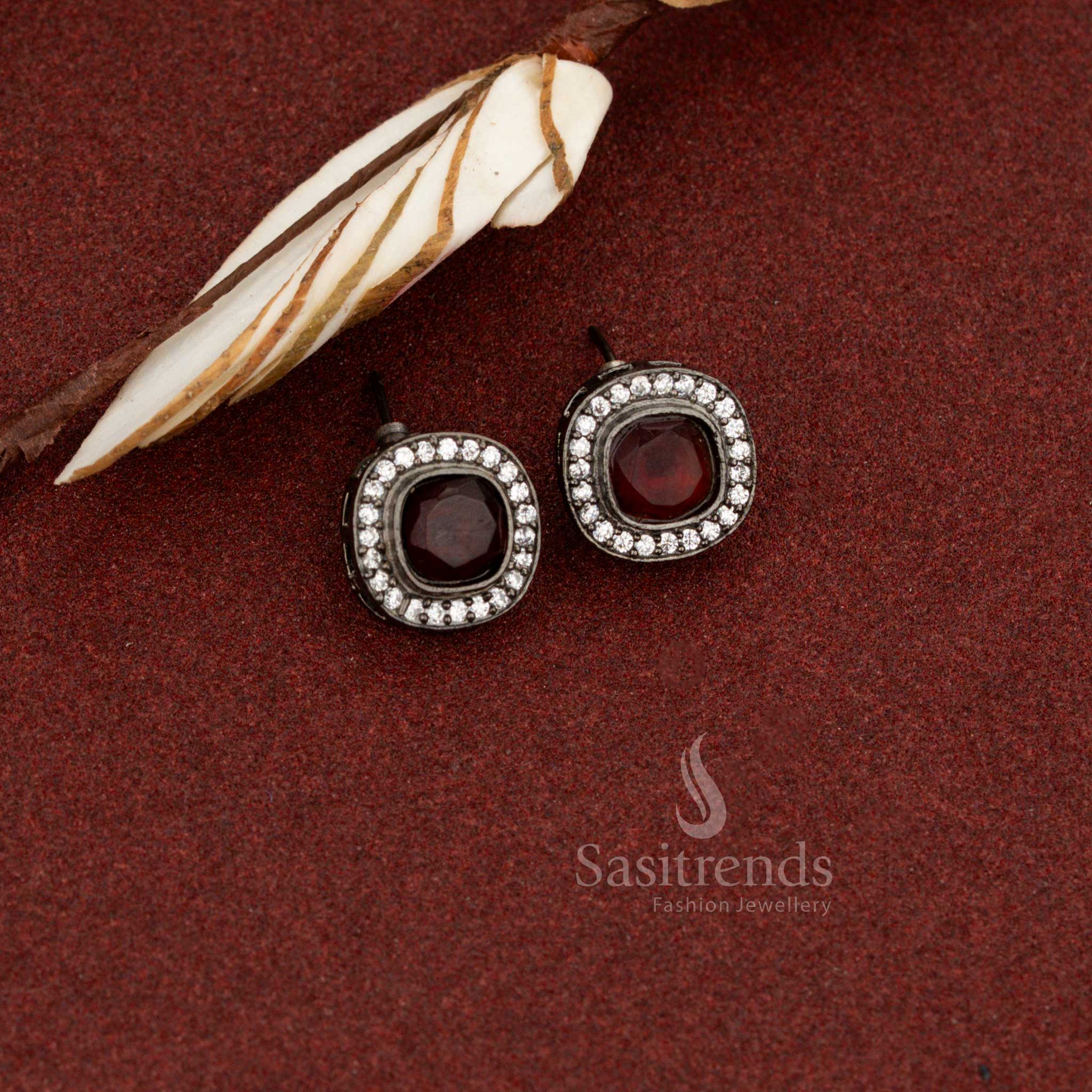 Sasitrends oxidised square halo stud earrings with marron monalisa stone for daily and office wear