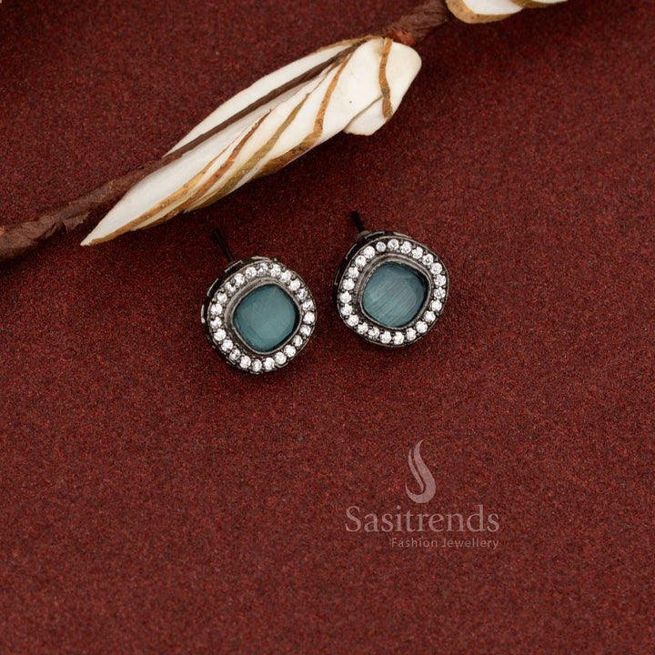 Sasitrends oxidised square halo stud earrings with ocean blue monalisa stone for daily and office wear