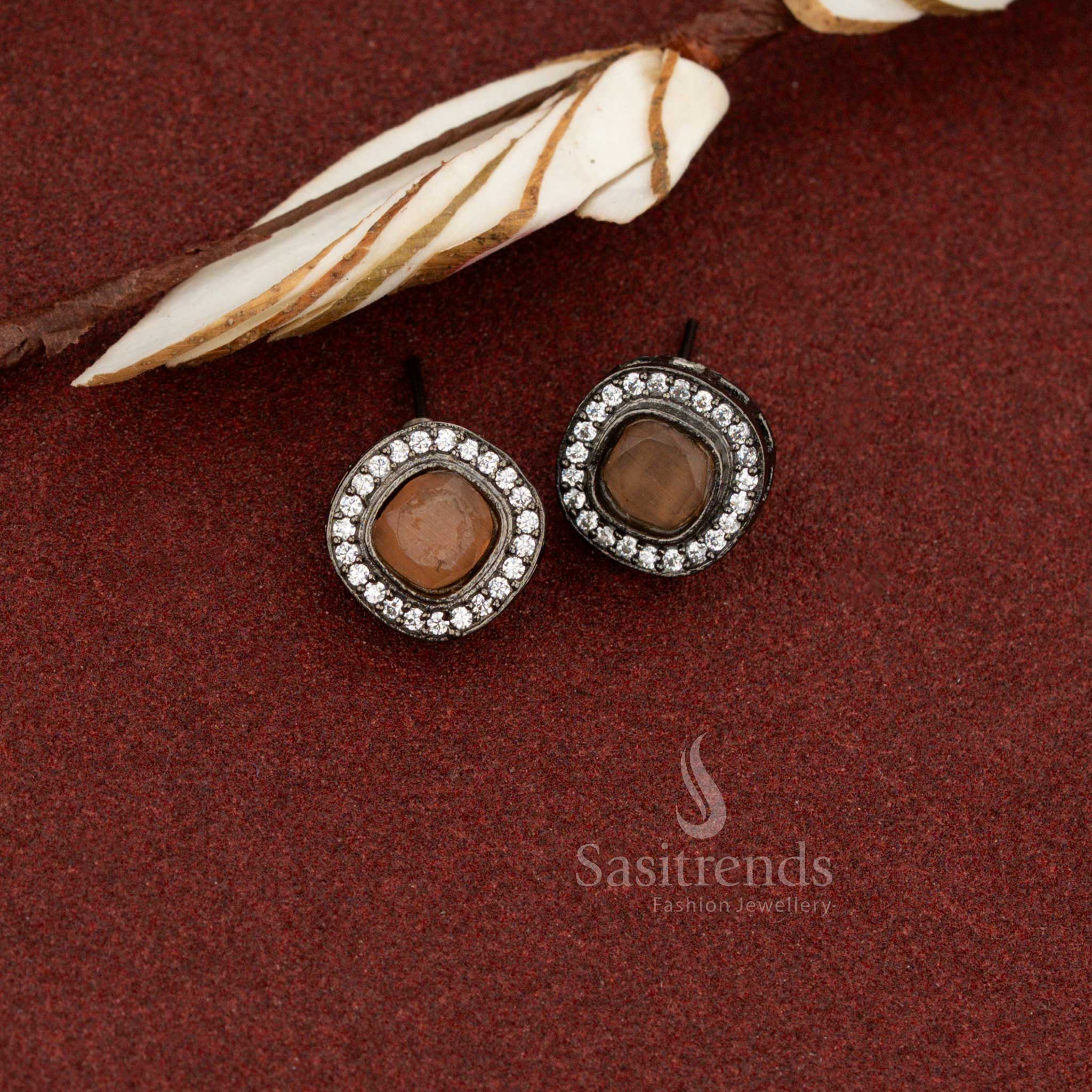 Sasitrends oxidised square halo stud earrings with peach monalisa stone for daily and office wear