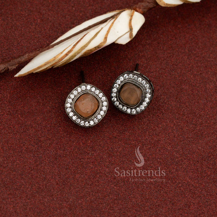 Sasitrends oxidised square halo stud earrings with peach monalisa stone for daily and office wear