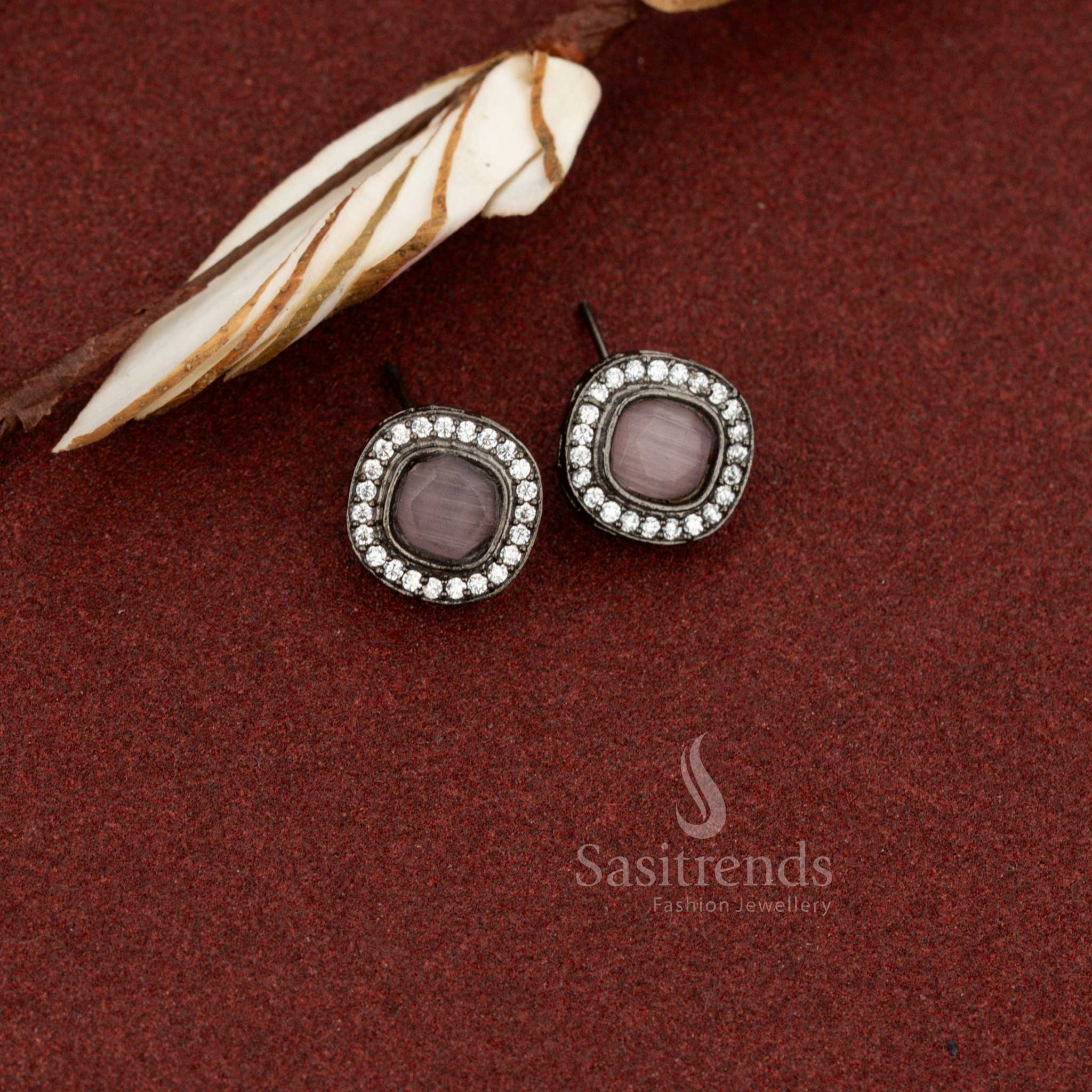 Sasitrends oxidised square halo stud earrings with pink monalisa stone for daily and office wear