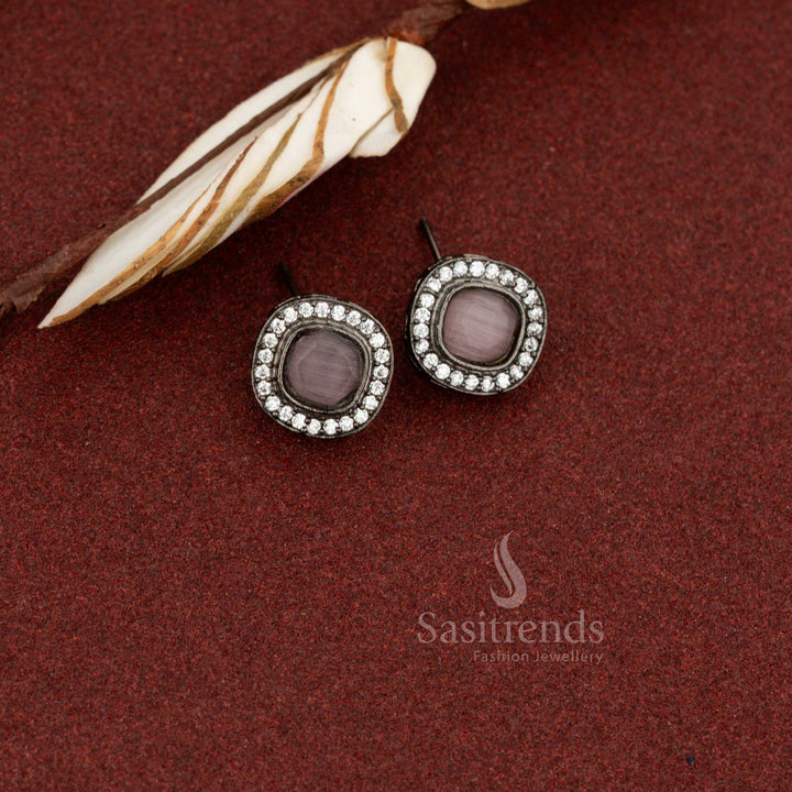 Sasitrends oxidised square halo stud earrings with pink monalisa stone for daily and office wear