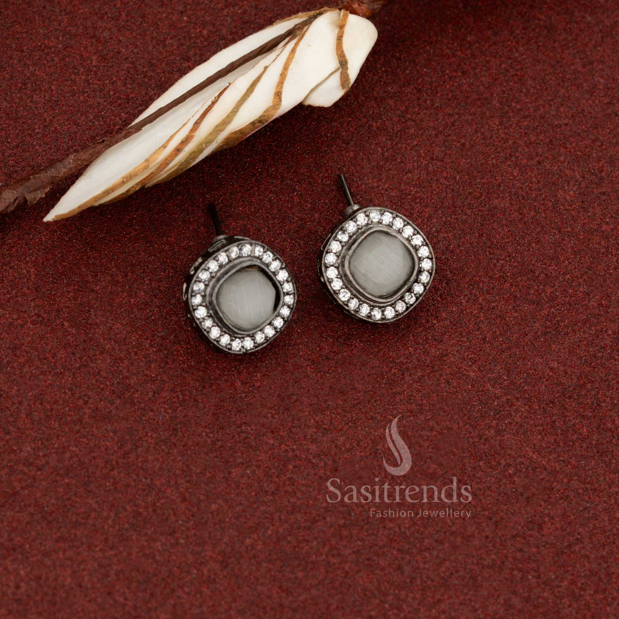 Sasitrends oxidised square halo stud earrings with white monalisa stone for daily and office wear