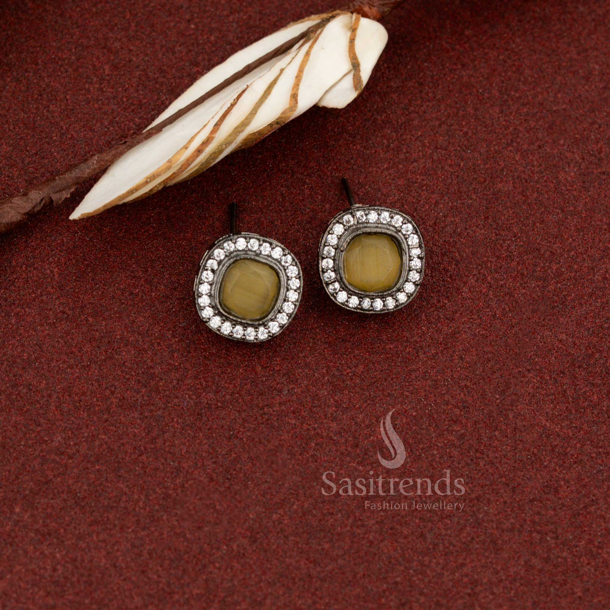 Sasitrends oxidised square halo stud earrings with yellow monalisa stone for daily and office wear
