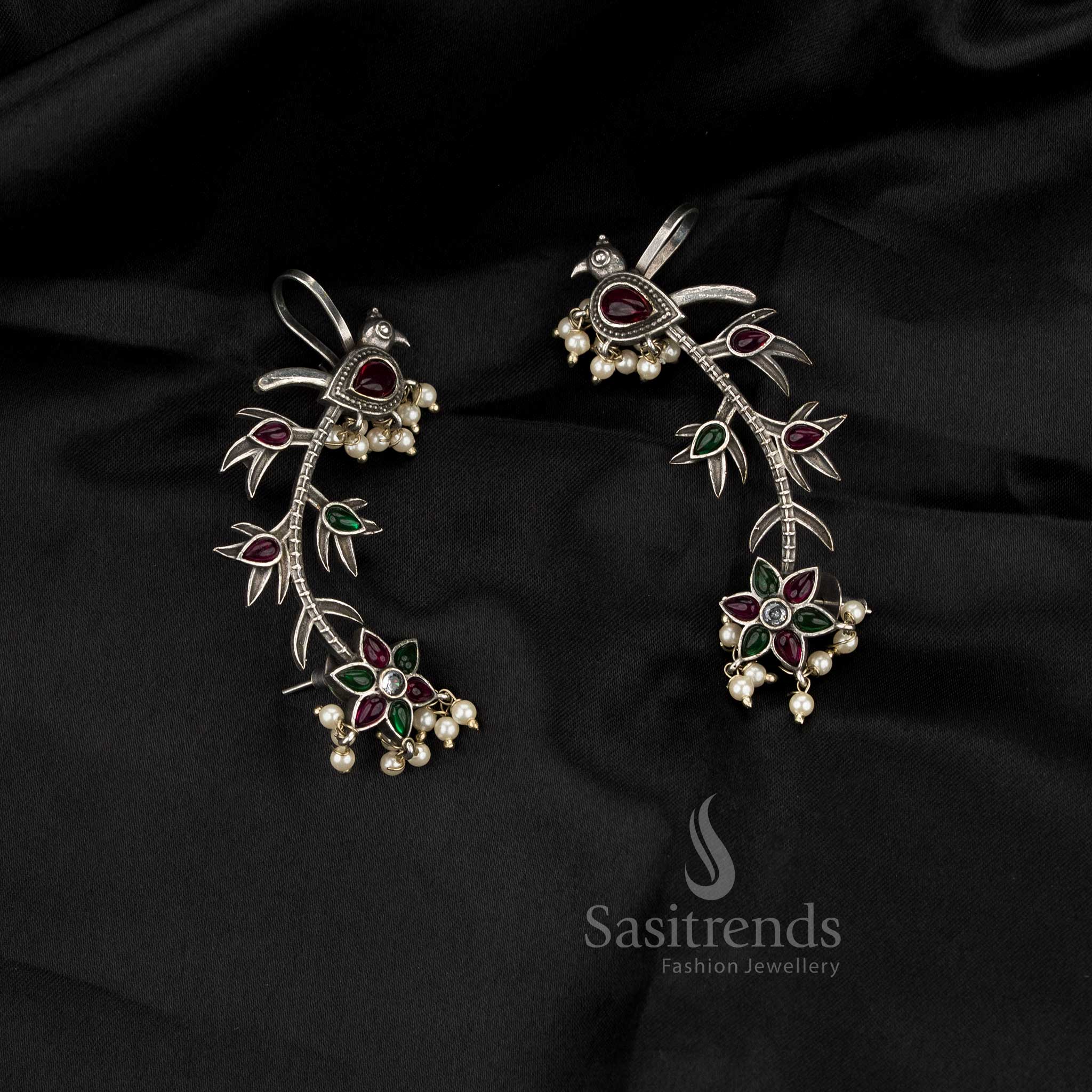 Sophisticated Antique Oxidised Stone Peacock Vine Ear Cuff Earrings for Office & Professional Wear - Sasitrends