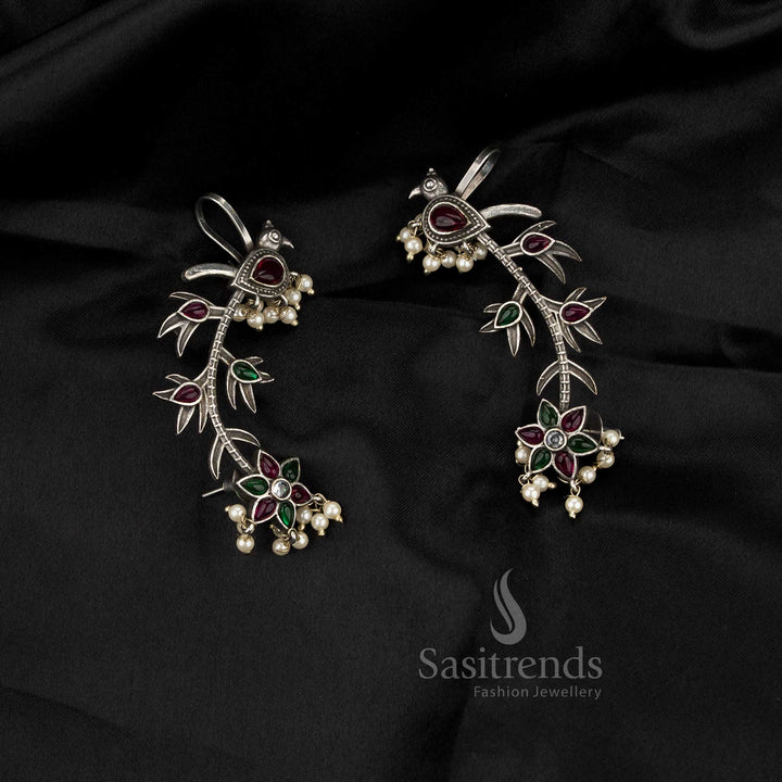 Sophisticated Antique Oxidised Stone Peacock Vine Ear Cuff Earrings for Office & Professional Wear - Sasitrends