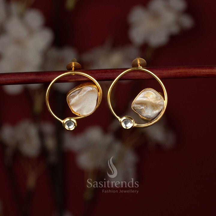 Elegant 24K Gold-Plated C-Shaped Baroque Stone & Mother-of-Pearl Earrings for Festive Sarees, Traditional Gatherings & Celebration Outfits