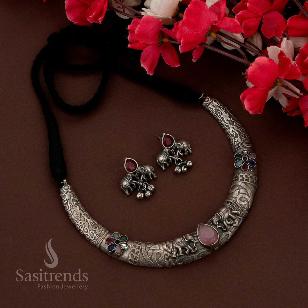 Antique oxidised elephant motif husli necklace set for festive wear – Sasitrends