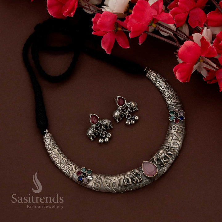 Antique oxidised elephant motif husli necklace set for festive wear – Sasitrends