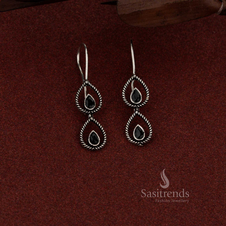 Oxidised Silver 2 Tier Teardrop Stone Fish Hook Earrings for Daily & Evening Wear