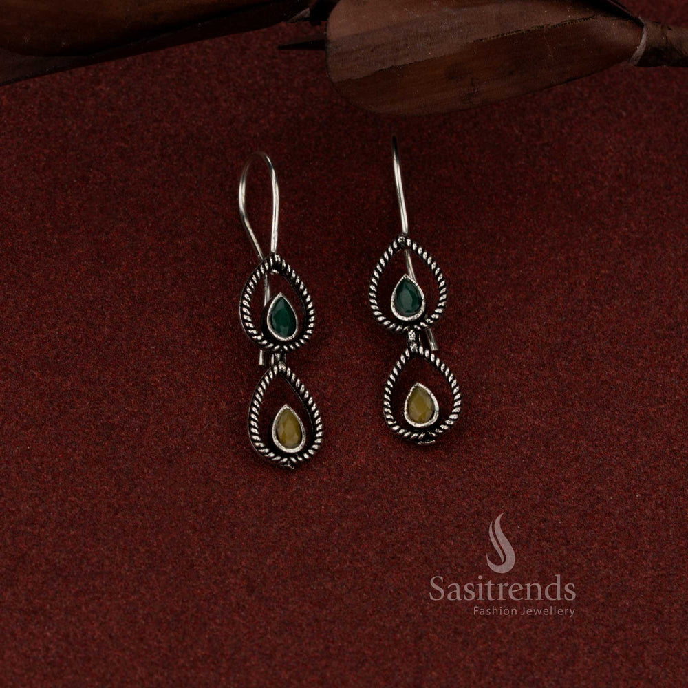 Oxidised silver 2 tier teardrop fish hook earrings for daily and evening wear – Sasitrends