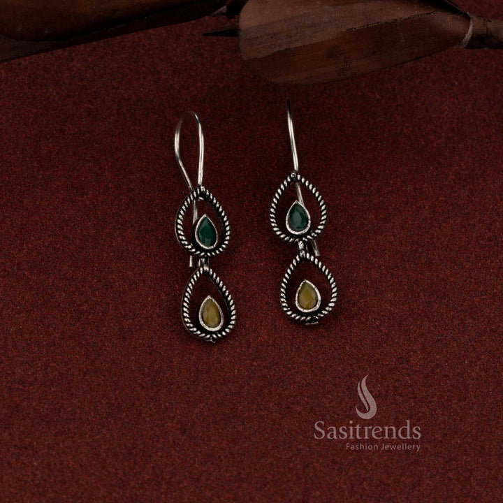 Oxidised silver 2 tier teardrop fish hook earrings for daily and evening wear – Sasitrends