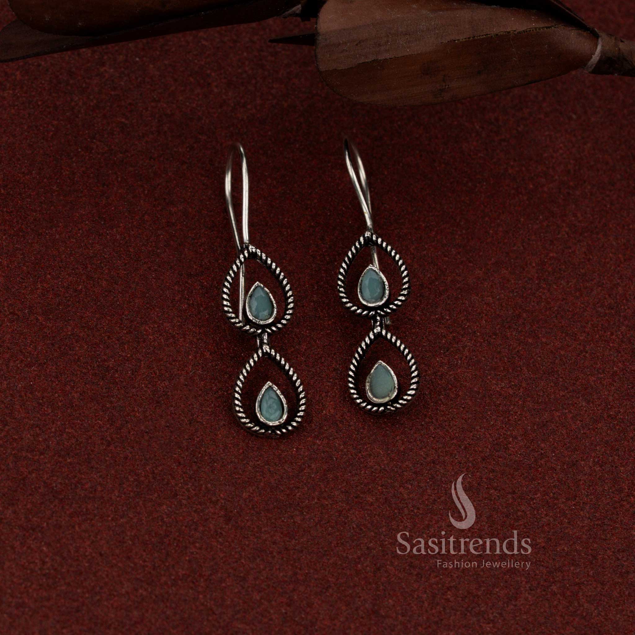 Oxidised silver 2 tier teardrop fish hook earrings for daily and evening wear – Sasitrends