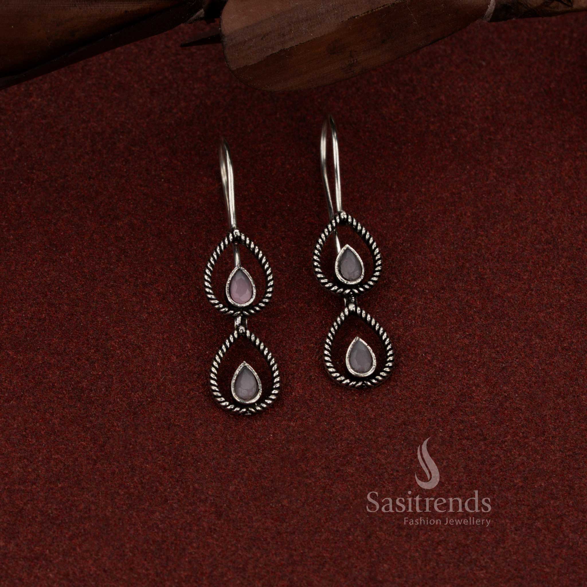 Oxidised silver 2 tier teardrop fish hook earrings for daily and evening wear – Sasitrends