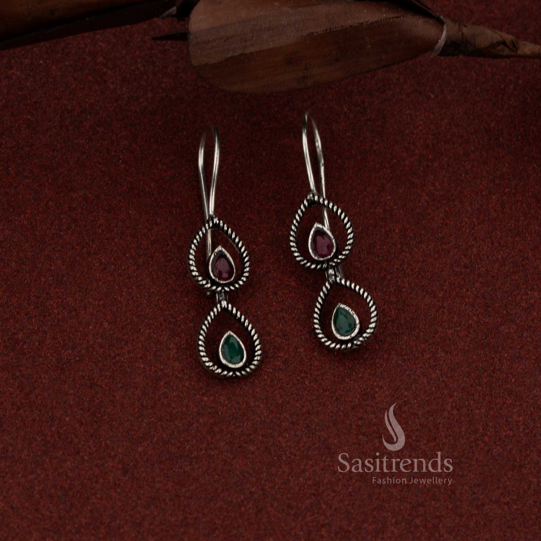 Oxidised silver 2 tier teardrop fish hook earrings for daily and evening wear – Sasitrends