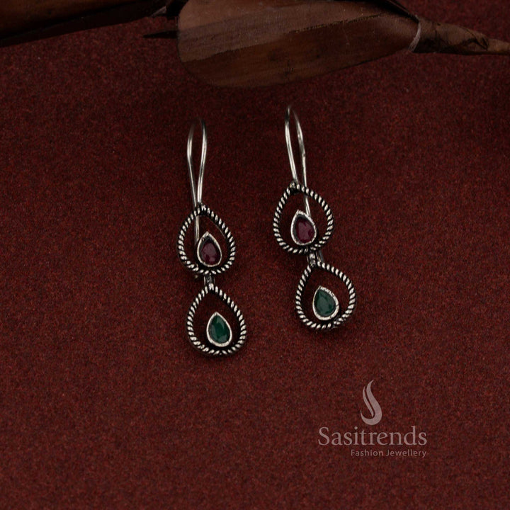Oxidised silver 2 tier teardrop fish hook earrings for daily and evening wear – Sasitrends