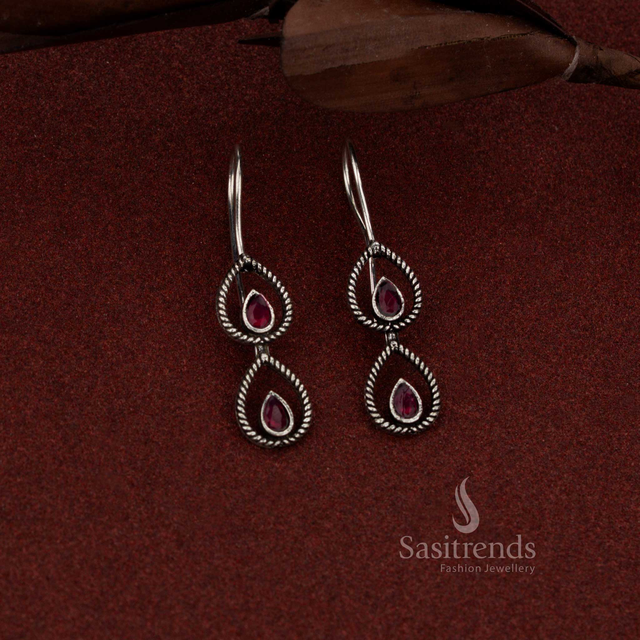 Oxidised silver 2 tier teardrop fish hook earrings for daily and evening wear – Sasitrends