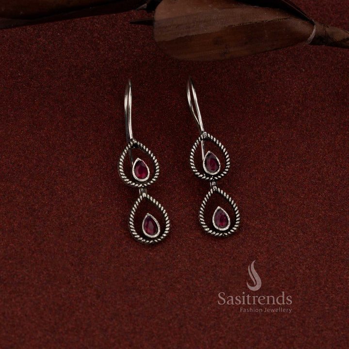 Oxidised silver 2 tier teardrop fish hook earrings for daily and evening wear – Sasitrends