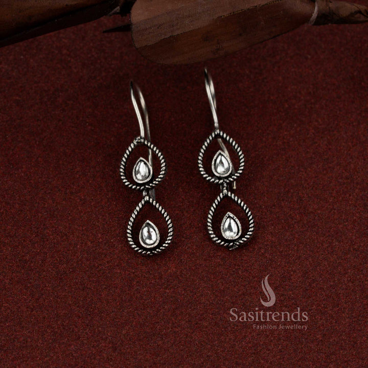 Oxidised silver 2 tier teardrop fish hook earrings for daily and evening wear – Sasitrends