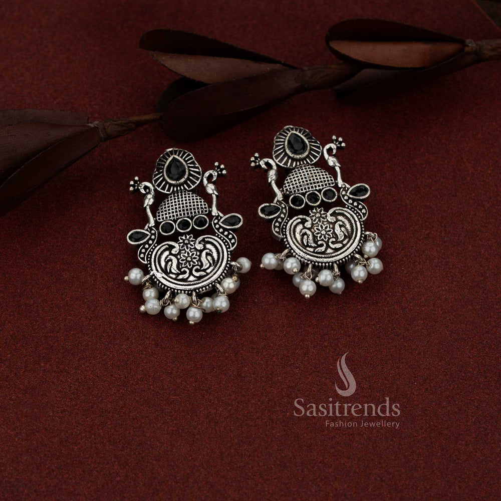 Oxidised silver peacock chandbali teardrop stone earrings for coffee outings and casual evenings – Sasitrends