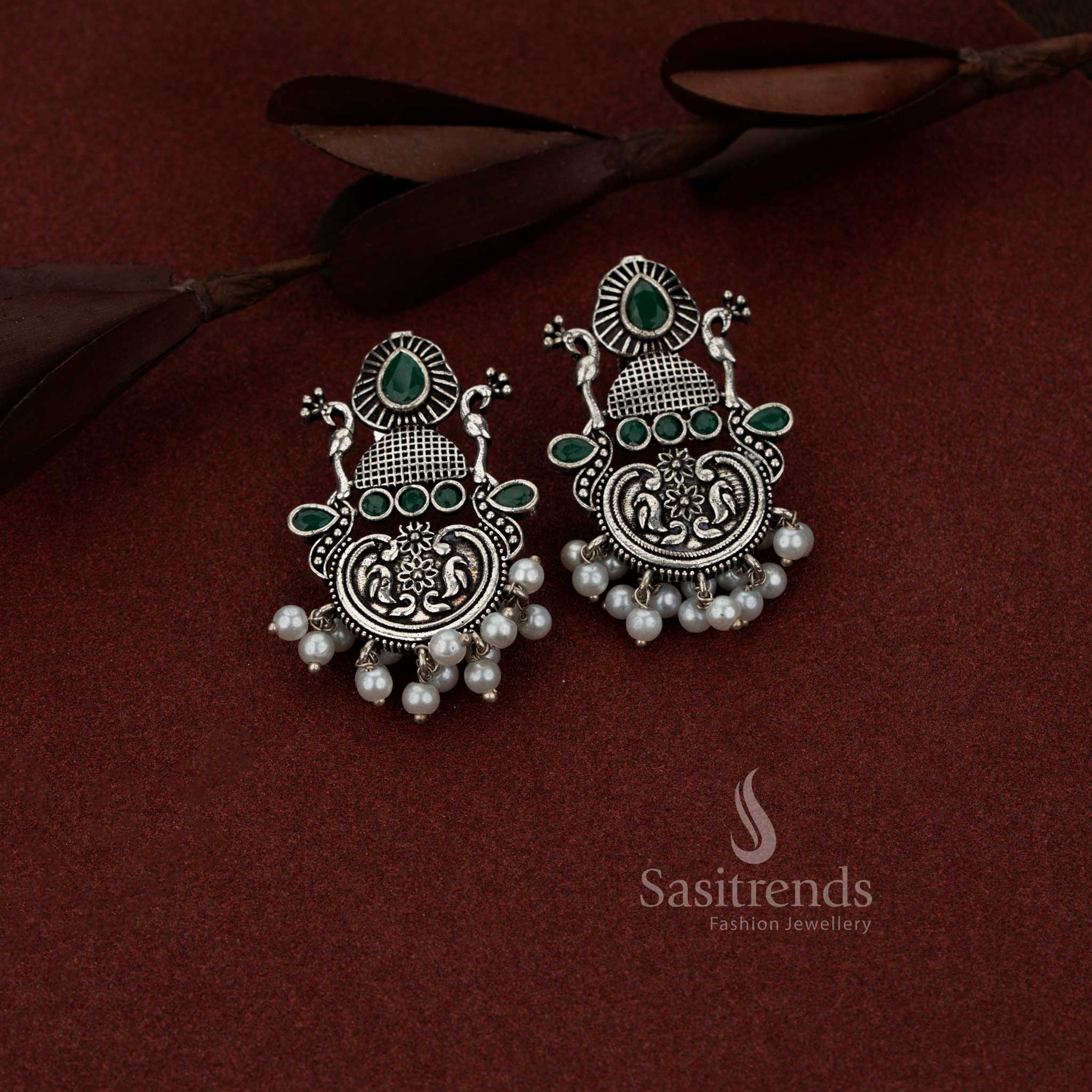 Oxidised silver peacock chandbali teardrop stone earrings for coffee outings and casual evenings – Sasitrends 