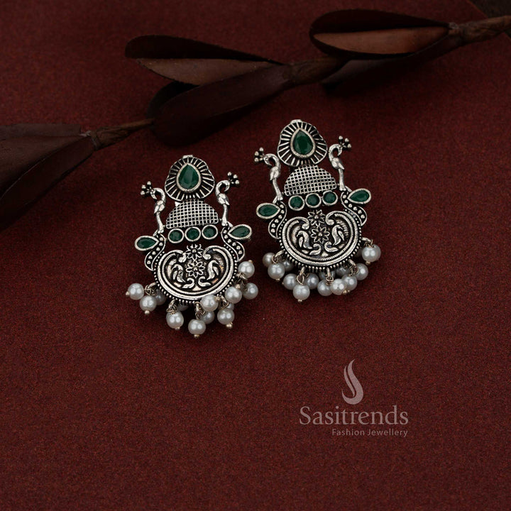 Oxidised silver peacock chandbali teardrop stone earrings for coffee outings and casual evenings – Sasitrends 