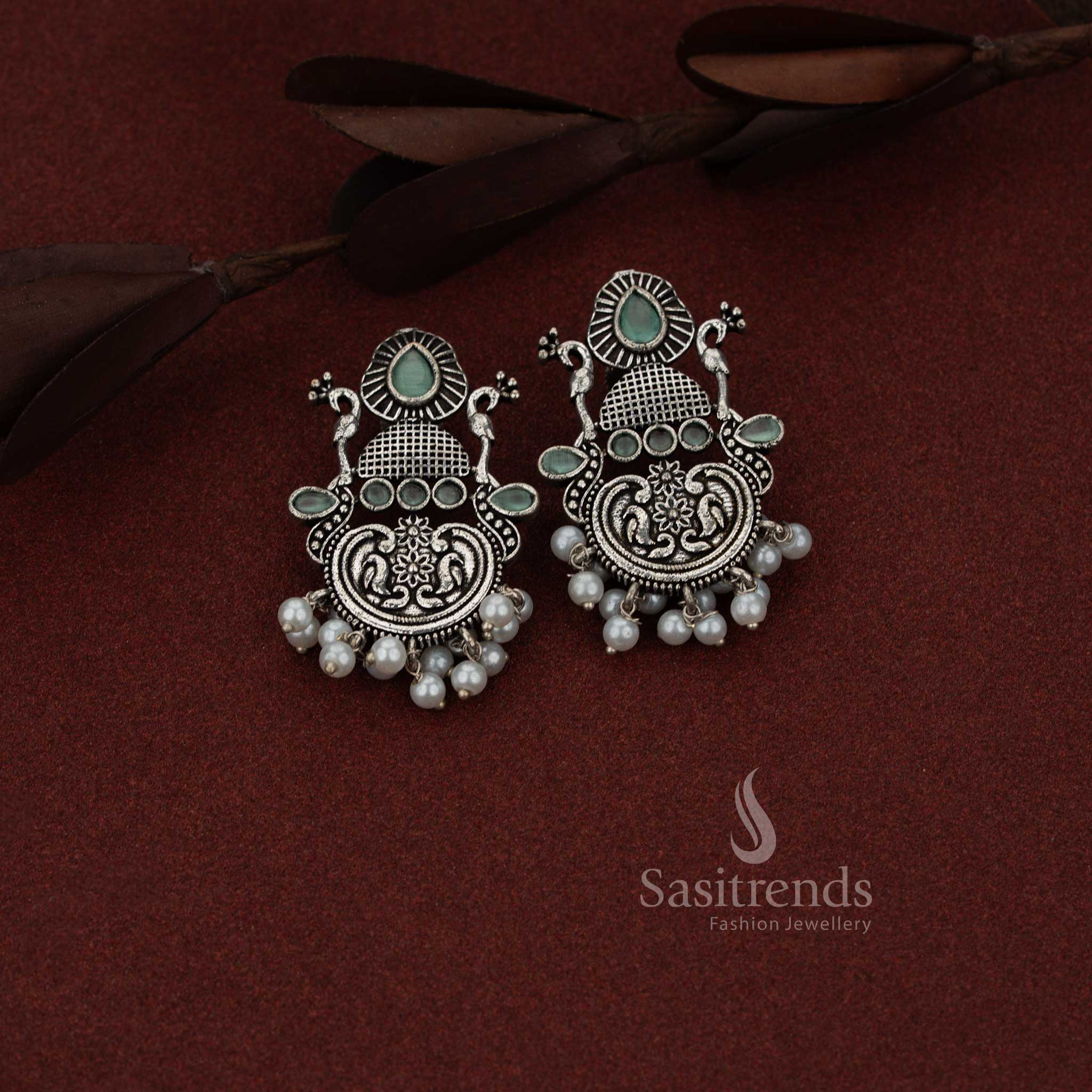 Oxidised silver peacock chandbali teardrop stone earrings for coffee outings and casual evenings – Sasitrends