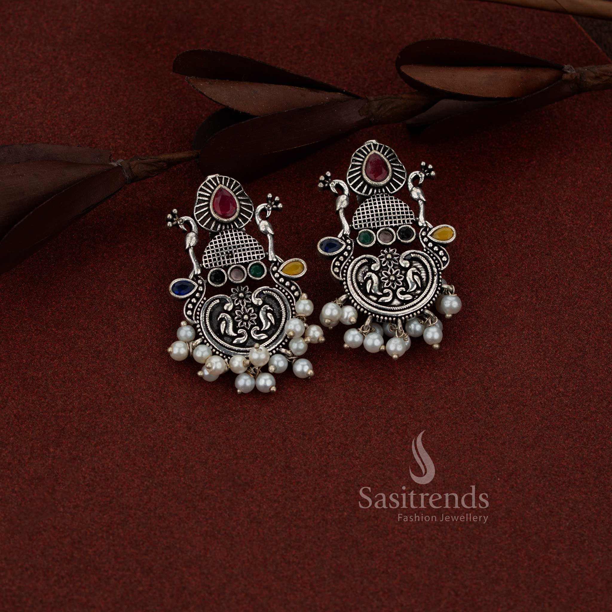 Oxidised silver peacock chandbali teardrop stone earrings for coffee outings and casual evenings – Sasitrends