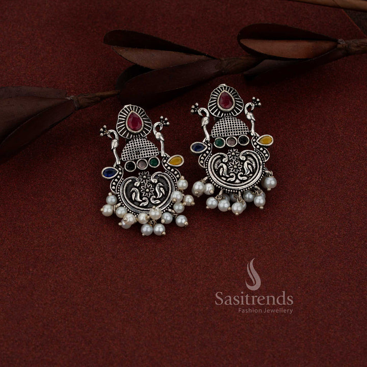 Oxidised silver peacock chandbali teardrop stone earrings for coffee outings and casual evenings – Sasitrends