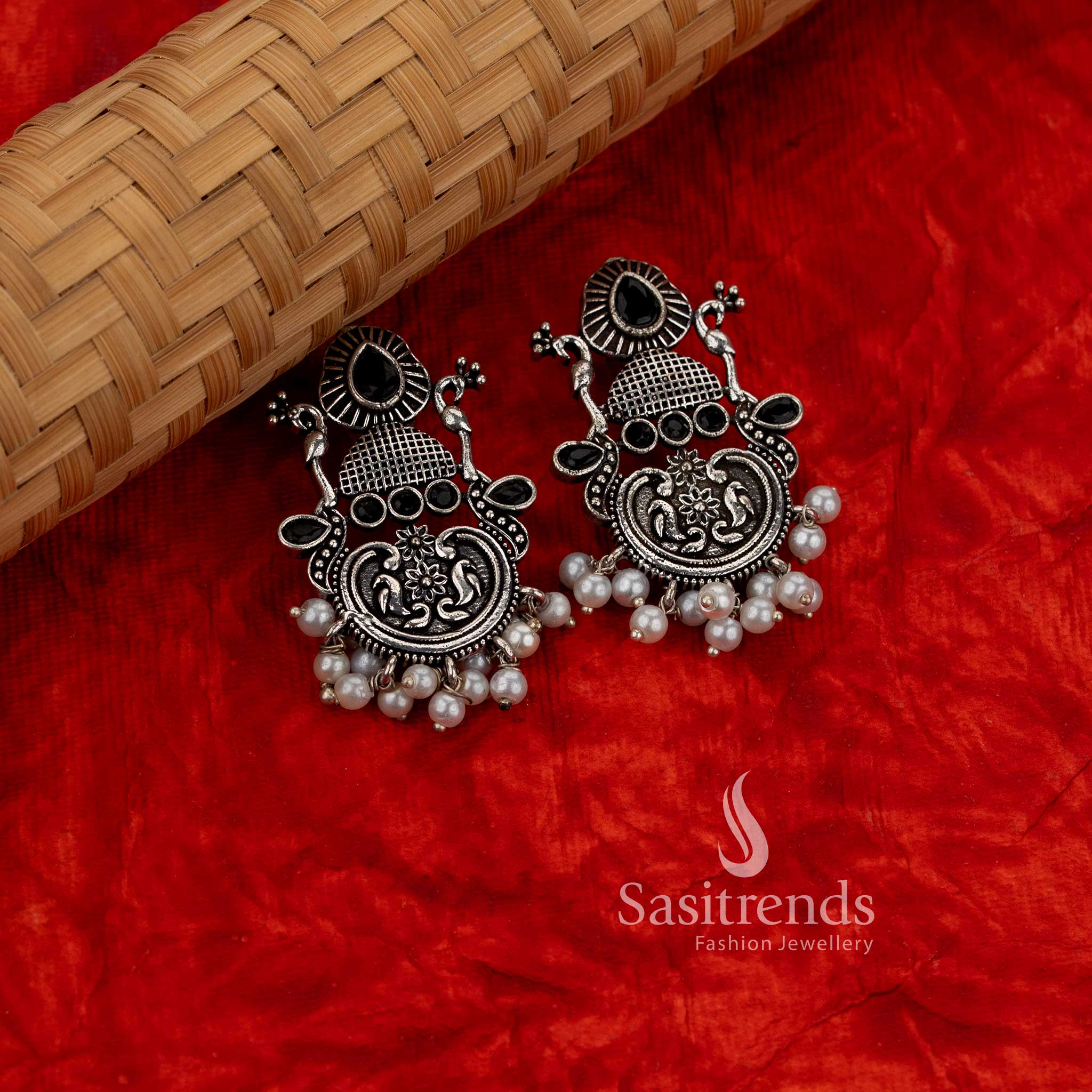 Oxidised silver peacock chandbali teardrop stone earrings for coffee outings and casual evenings – Sasitrends