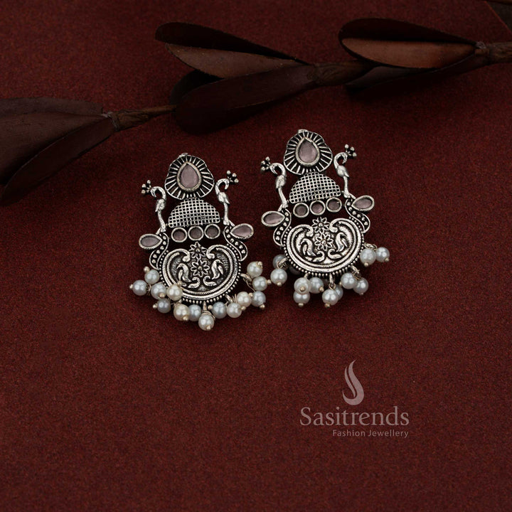 Oxidised silver peacock chandbali teardrop stone earrings for coffee outings and casual evenings – Sasitrends