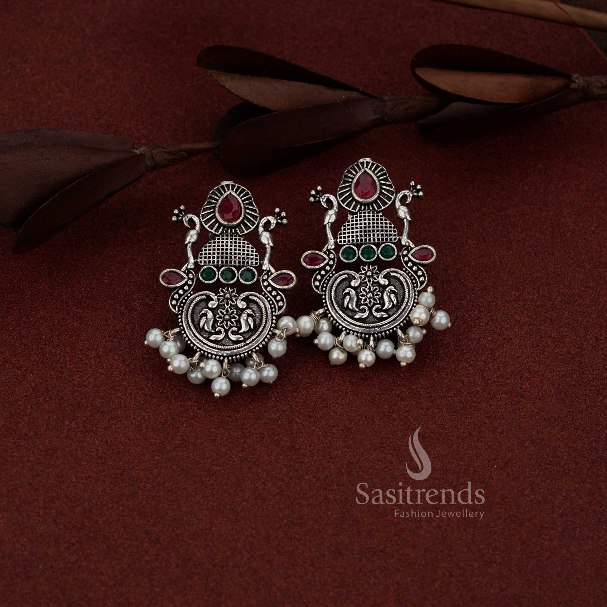 Oxidised silver peacock chandbali teardrop stone earrings for coffee outings and casual evenings – Sasitrends