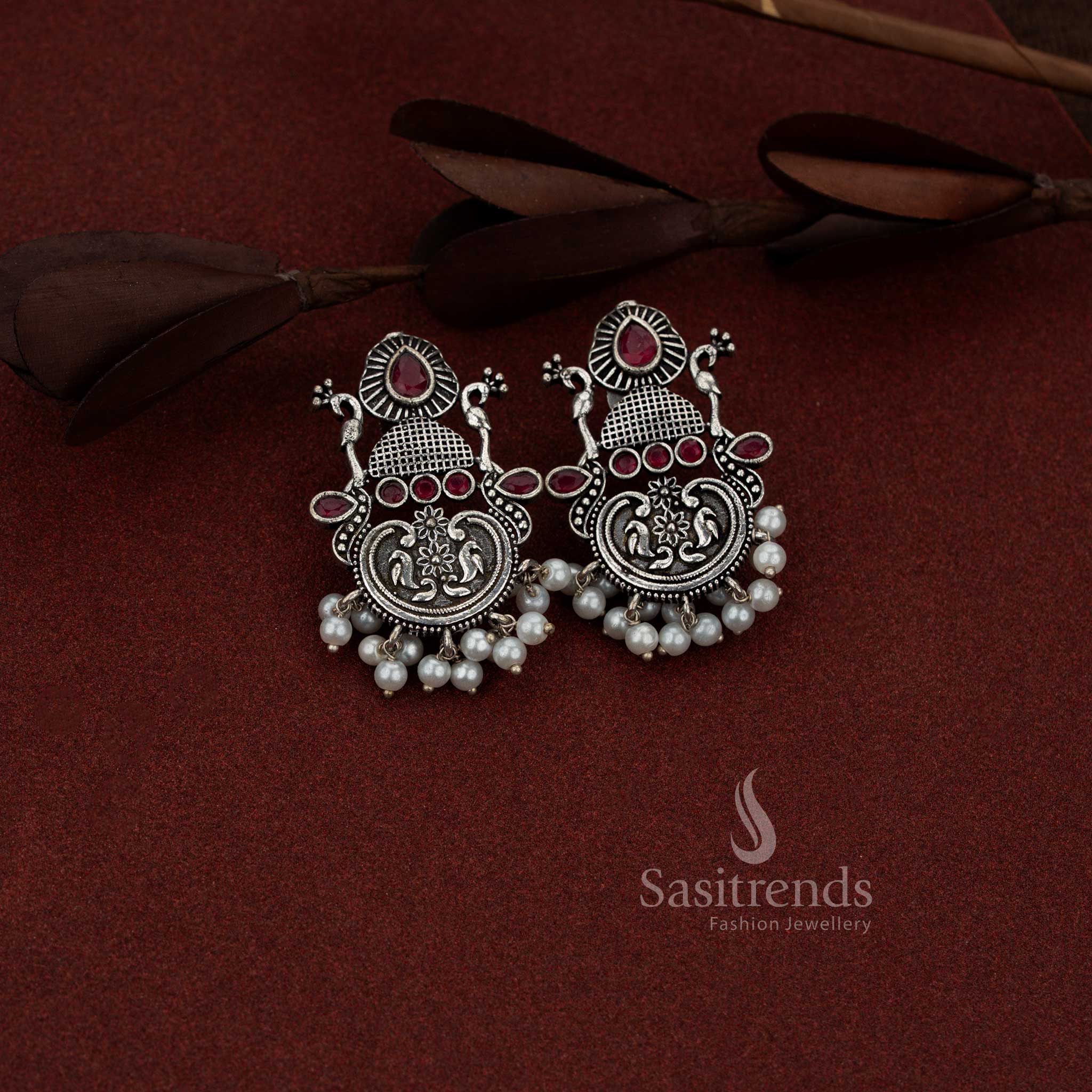 Oxidised silver peacock chandbali teardrop stone earrings for coffee outings and casual evenings – Sasitrends