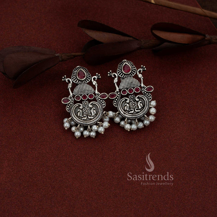 Oxidised silver peacock chandbali teardrop stone earrings for coffee outings and casual evenings – Sasitrends