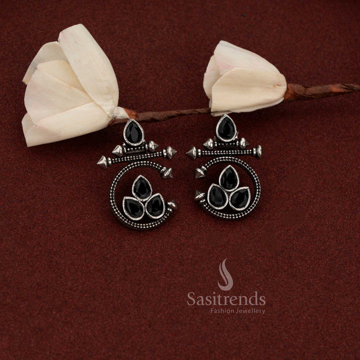 Sasitrends versatile oxidised silver earrings featuring teardrop geometric spike black stone design suitable for stylish gatherings