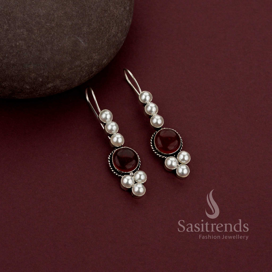 Oxidised Silver Designer Drop Earrings with Monalisa Stone and Pearl Accents for Everyday Wear - Sasitrends