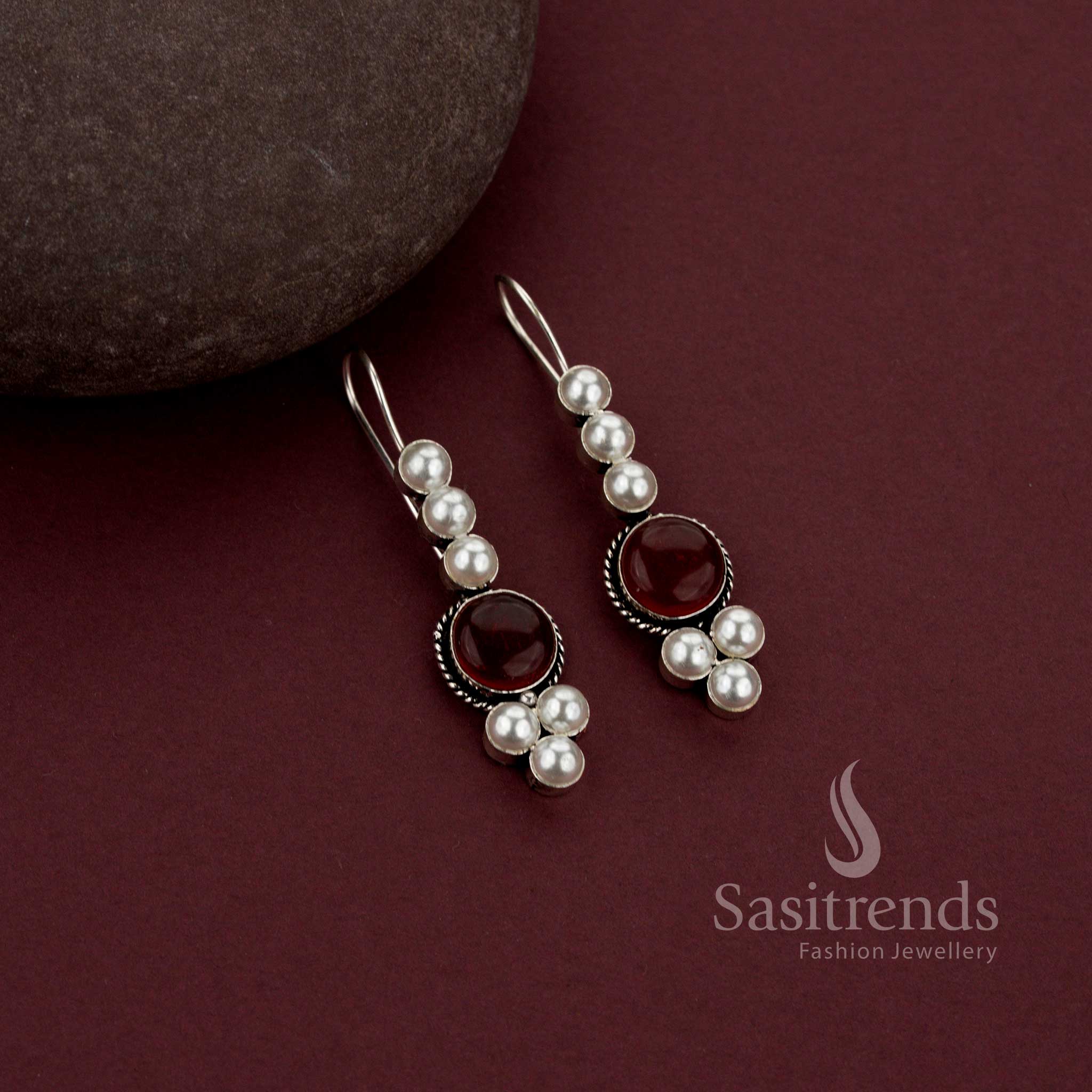 Oxidised Silver Designer Drop Earrings with Monalisa Stone and Pearl Accents for Everyday Wear - Sasitrends