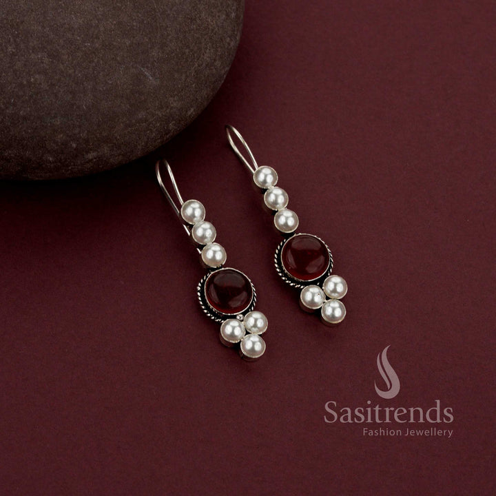 Oxidised Silver Designer Drop Earrings with Monalisa Stone and Pearl Accents for Everyday Wear - Sasitrends