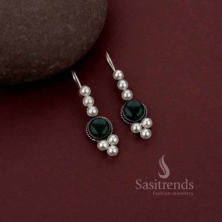 Elegant Oxidised Silver Linear Drop Earrings Featuring Monalisa Stone and Pearl Detailing - Sasitrends