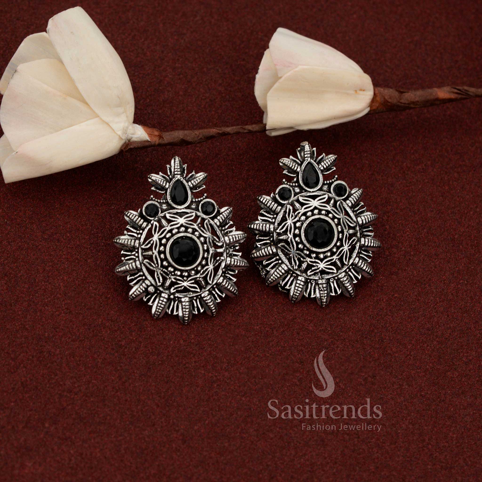Elegant oxidised silver mandala earrings with central stone for evening café meetups – Sasitrends 