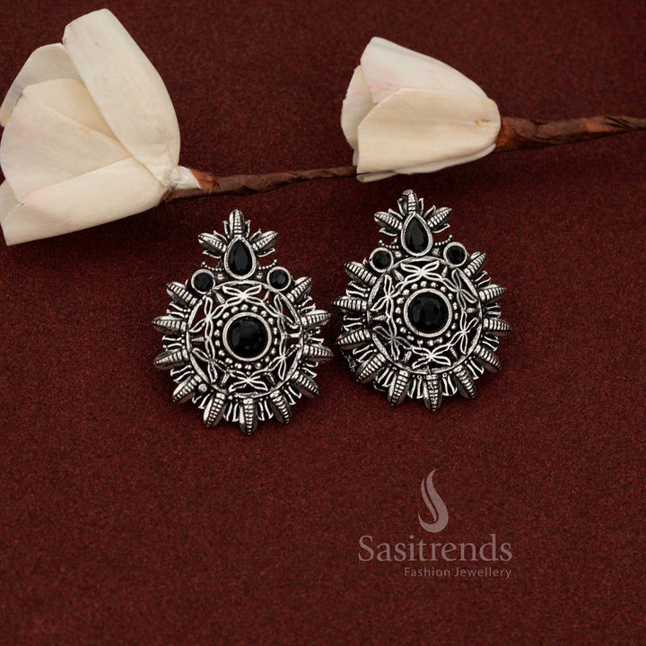 Elegant oxidised silver mandala earrings with central stone for evening café meetups – Sasitrends 