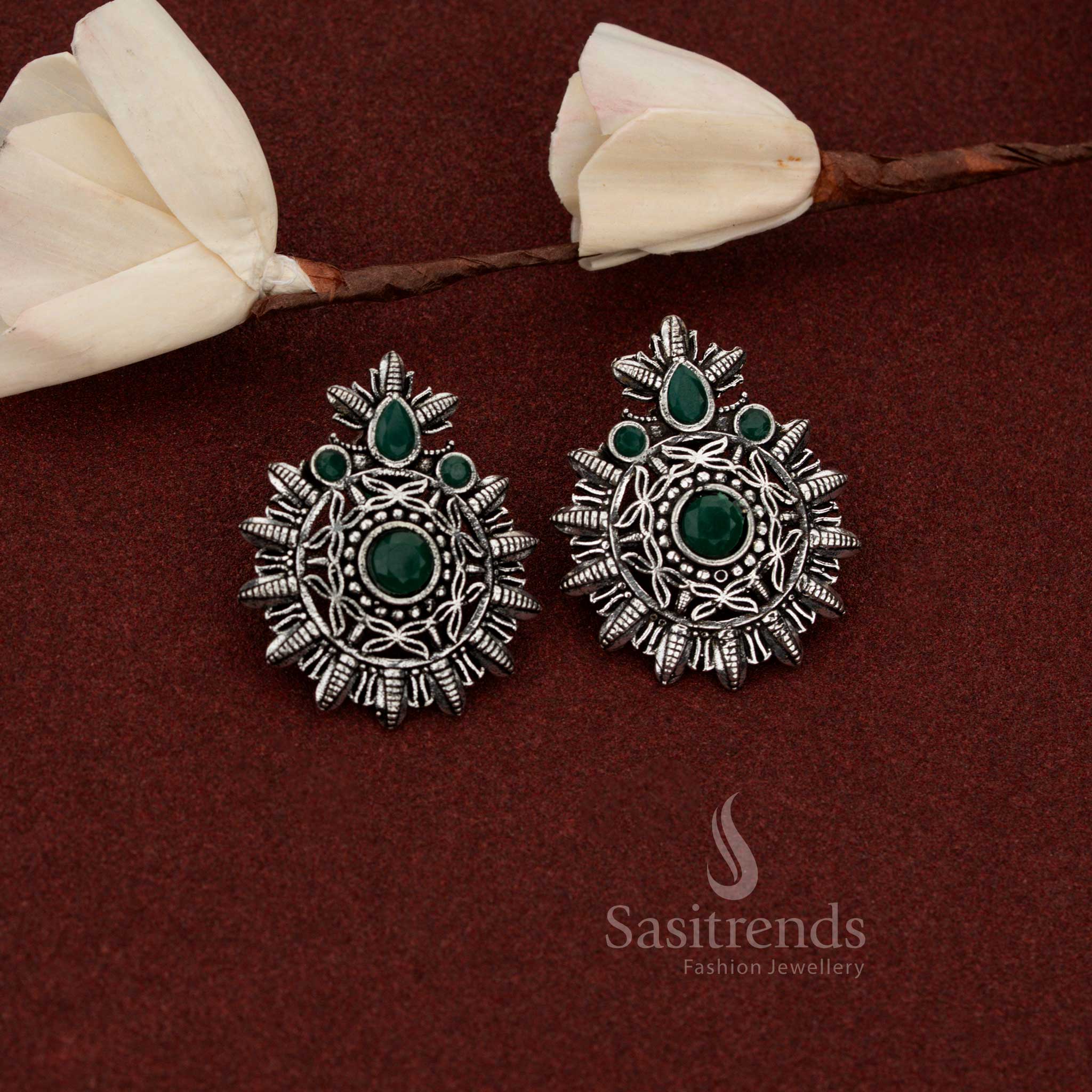 Elegant oxidised silver mandala earrings with central stone for evening café meetups – Sasitrends