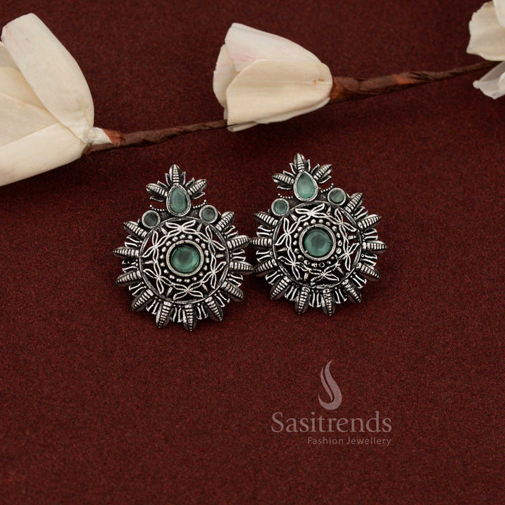 Elegant oxidised silver mandala earrings with central stone for evening café meetups – Sasitrends 