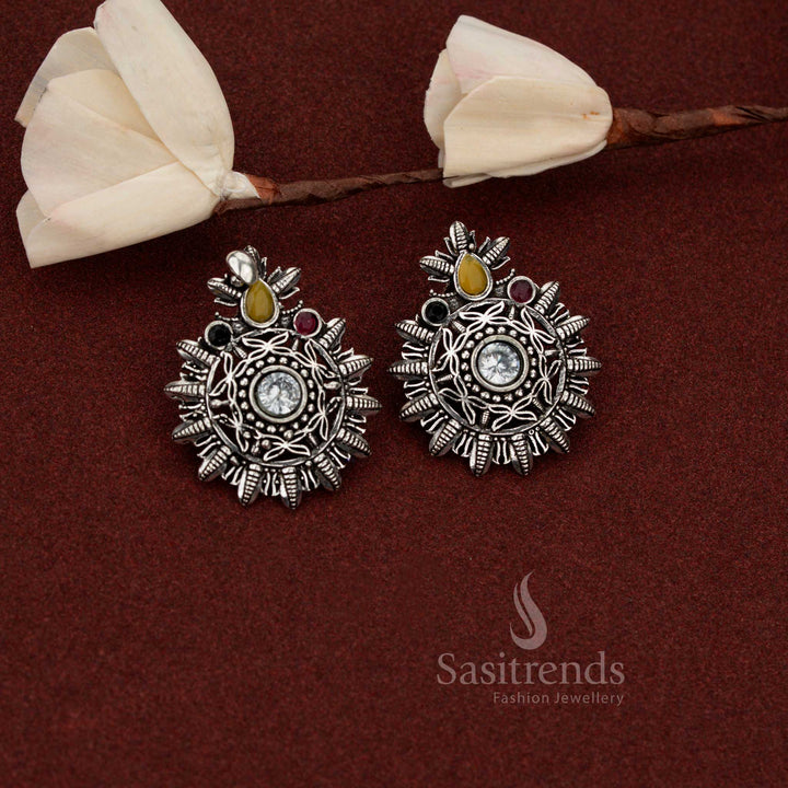 Elegant oxidised silver mandala earrings with central stone for evening café meetups – Sasitrends 