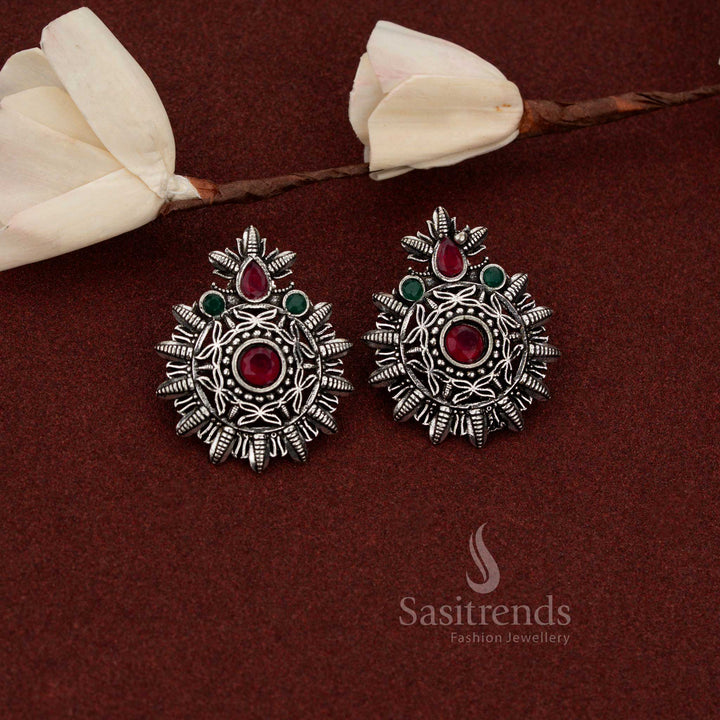 Elegant oxidised silver mandala earrings with central stone for evening café meetups – Sasitrends
