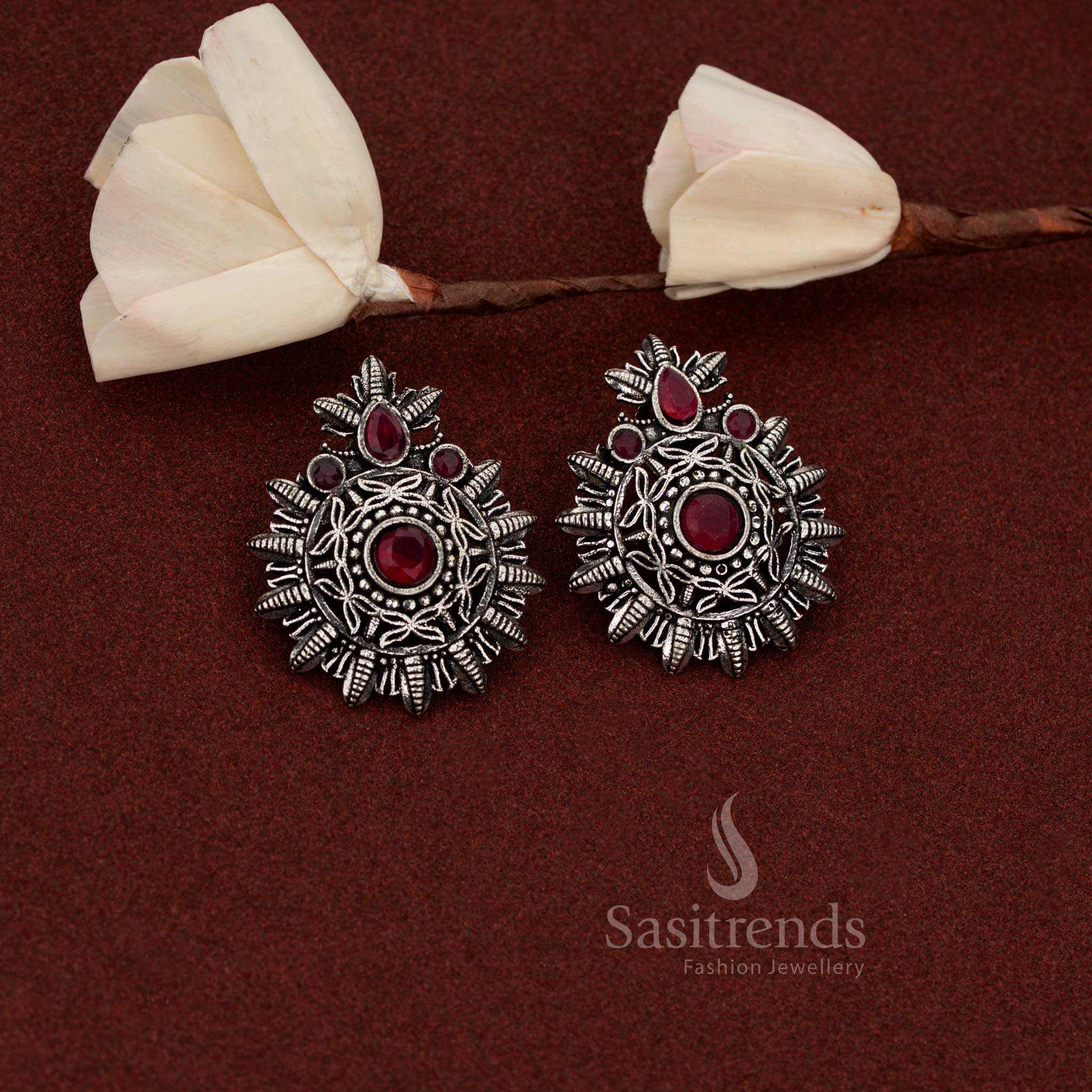 Elegant oxidised silver mandala earrings with central stone for evening café meetups – Sasitrends 