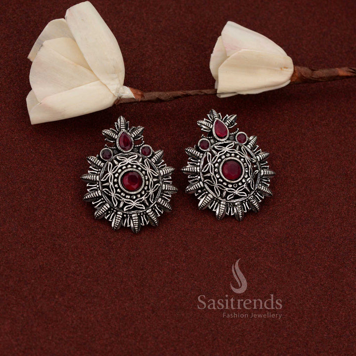 Elegant oxidised silver mandala earrings with central stone for evening café meetups – Sasitrends 
