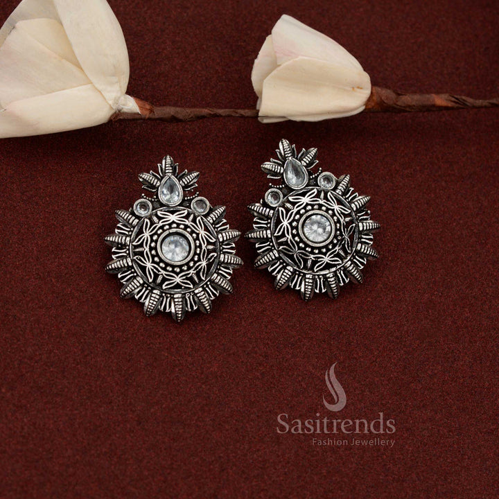 Elegant oxidised silver mandala earrings with central stone for evening café meetups – Sasitrends